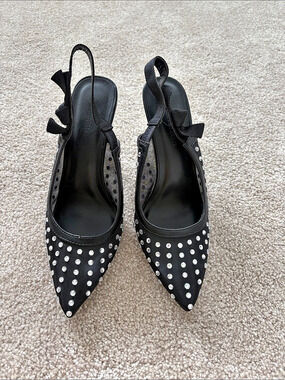 Perphy Rhinestone Mesh Bow Slingback Stiletto Heel Pumps Black & Silver US 8